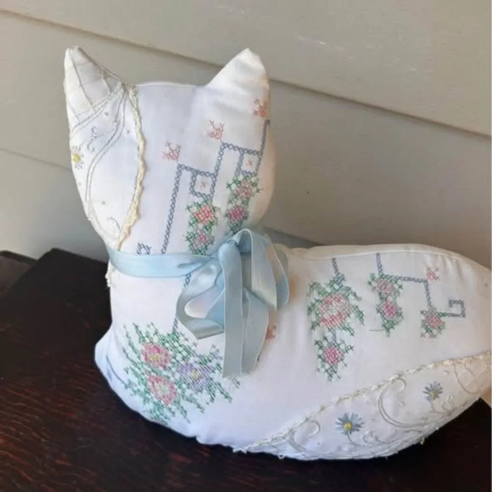 Handmade Cat Pillow Vintage Embroidered Linens